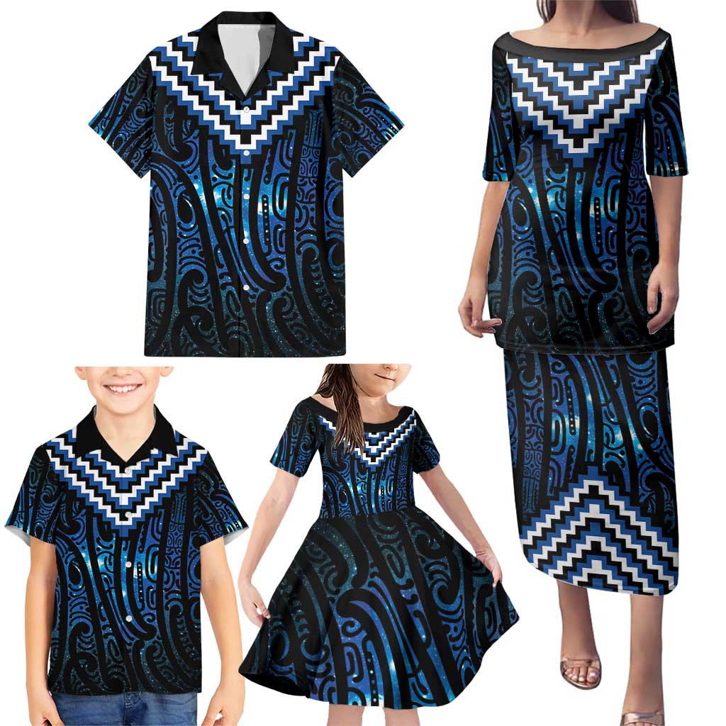 New Zealand Matariki Family Matching Puletasi and Hawaiian Shirt Galaxy Poutama Motifs