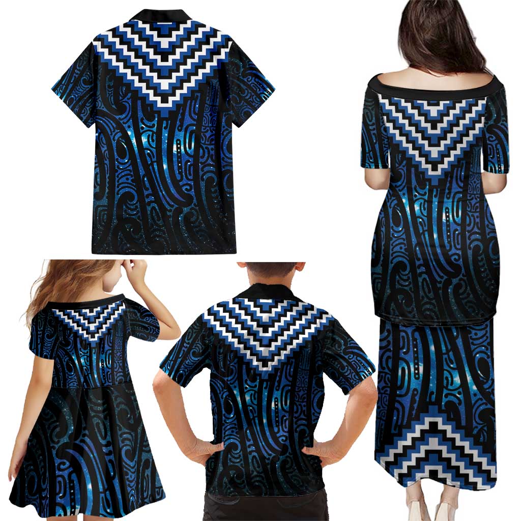 New Zealand Matariki Family Matching Puletasi and Hawaiian Shirt Galaxy Poutama Motifs