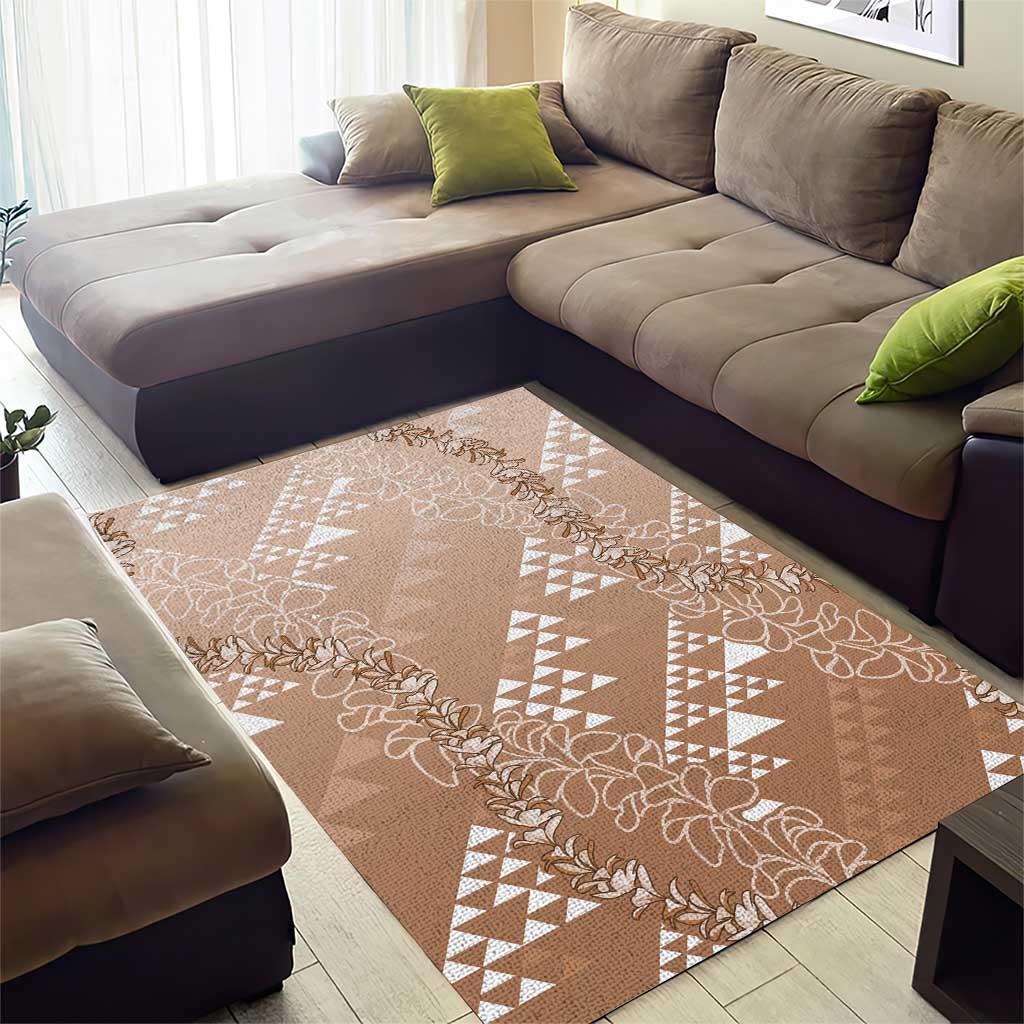 Hawaii Beige Kapa Area Rug Vintage 'Ohe Kāpala Motifs Mix Plumeria Leis