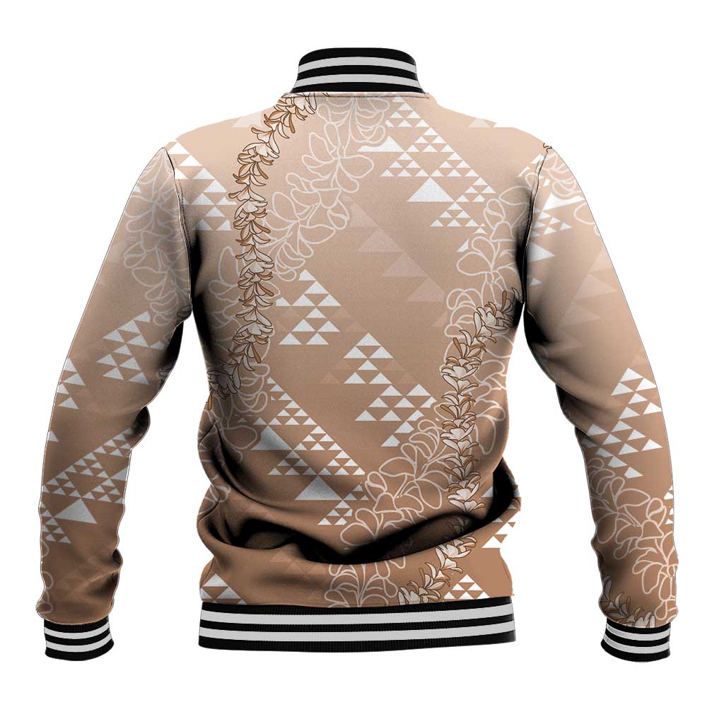 Hawaii Beige Kapa Baseball Jacket Vintage 'Ohe Kāpala Motifs Mix Plumeria Leis