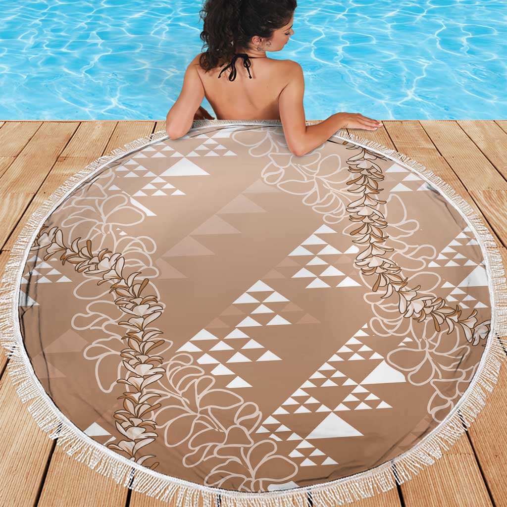 Hawaii Beige Kapa Beach Blanket Vintage 'Ohe Kāpala Motifs Mix Plumeria Leis
