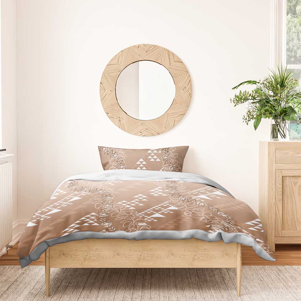 Hawaii Beige Kapa Bedding Set Vintage 'Ohe Kāpala Motifs Mix Plumeria Leis