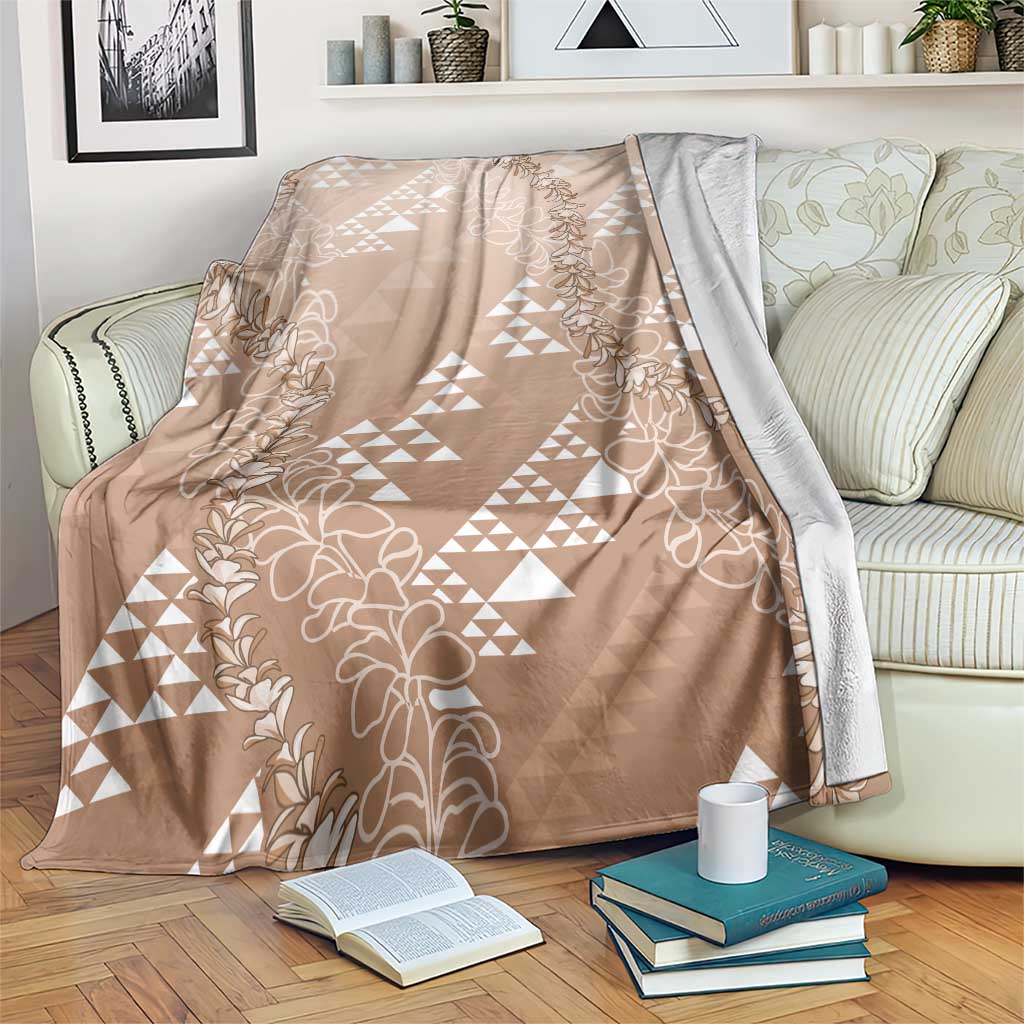 Hawaii Beige Kapa Blanket Vintage 'Ohe Kāpala Motifs Mix Plumeria Leis