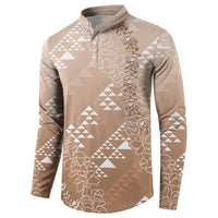Hawaii Beige Kapa Button Sweatshirt Vintage 'Ohe Kāpala Motifs Mix Plumeria Leis