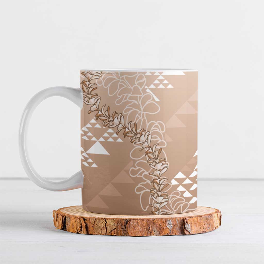 Hawaii Beige Kapa Ceramic Mug Vintage 'Ohe Kāpala Motifs Mix Plumeria Leis