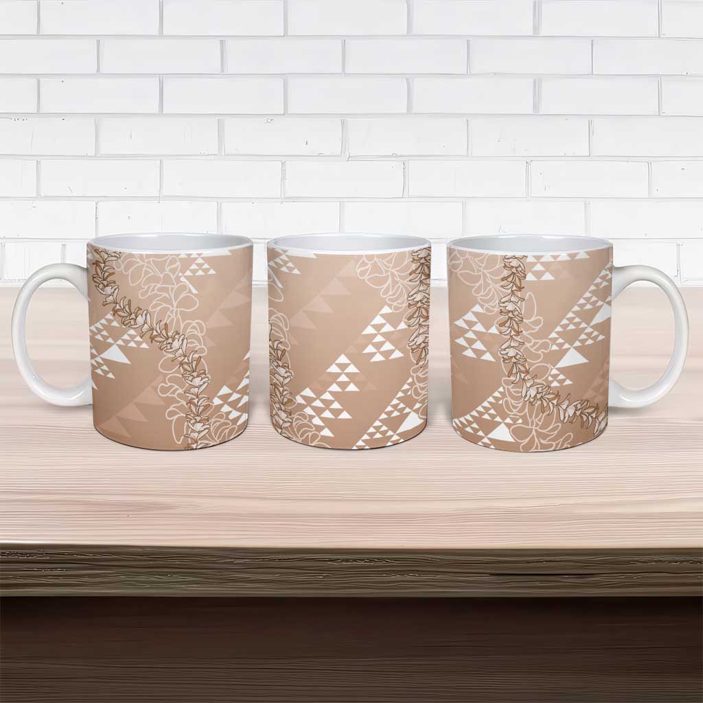Hawaii Beige Kapa Ceramic Mug Vintage 'Ohe Kāpala Motifs Mix Plumeria Leis