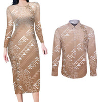 Hawaii Beige Kapa Couples Matching Long Sleeve Bodycon Dress and Long Sleeve Button Shirt Vintage 'Ohe Kāpala Motifs Mix Plumeria Leis LT7 Beige - Polynesian Pride