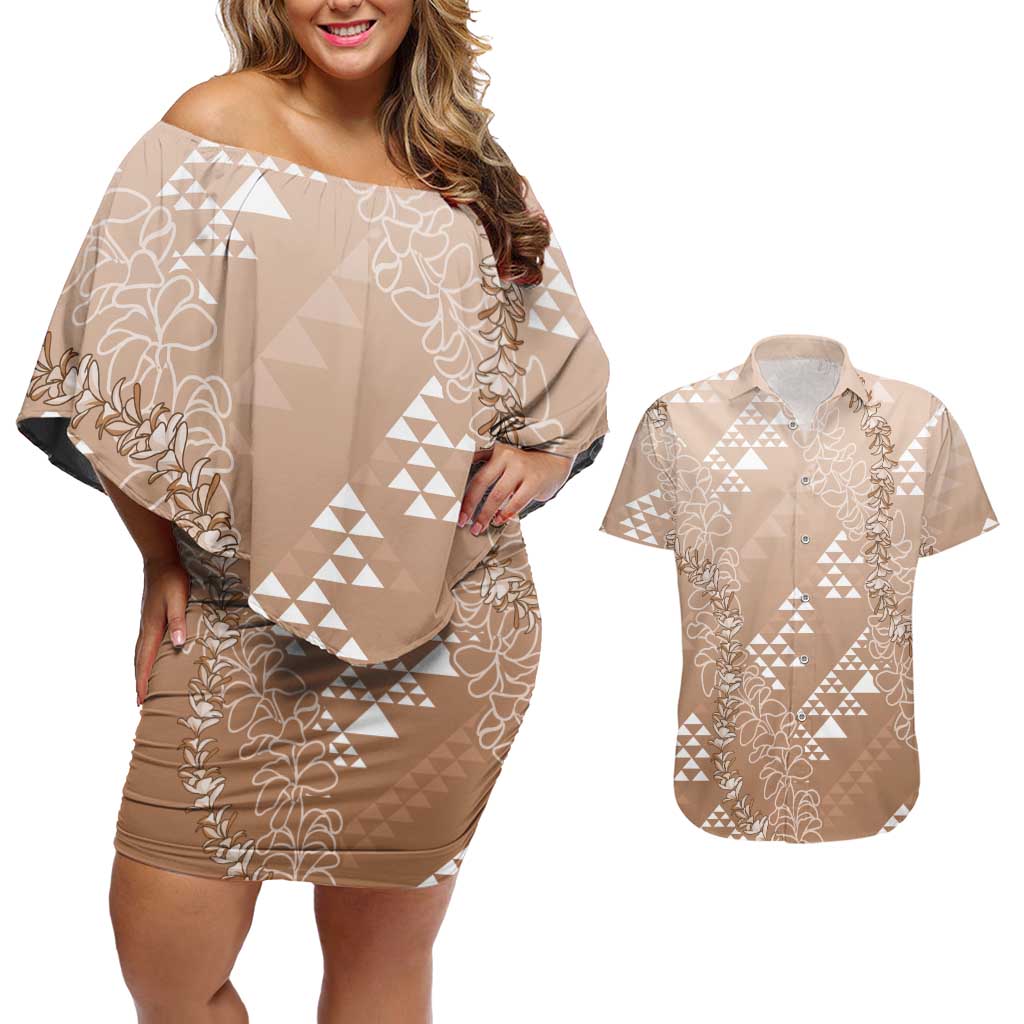 Hawaii Beige Kapa Couples Matching Off Shoulder Short Dress and Hawaiian Shirt Vintage 'Ohe Kāpala Motifs Mix Plumeria Leis LT7 Beige - Polynesian Pride