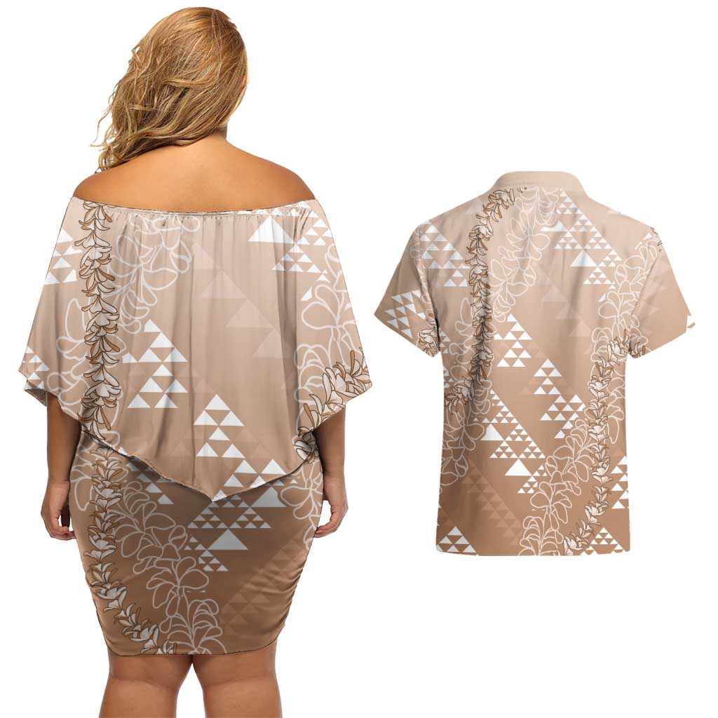 Hawaii Beige Kapa Couples Matching Off Shoulder Short Dress and Hawaiian Shirt Vintage 'Ohe Kāpala Motifs Mix Plumeria Leis LT7 - Polynesian Pride