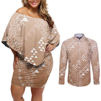 Hawaii Beige Kapa Couples Matching Off Shoulder Short Dress and Long Sleeve Button Shirt Vintage 'Ohe Kāpala Motifs Mix Plumeria Leis LT7 Beige - Polynesian Pride