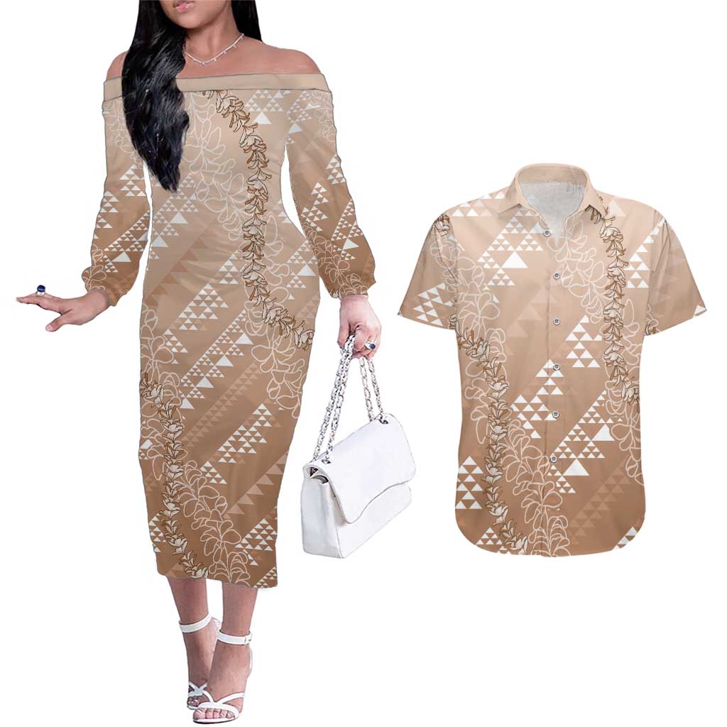Hawaii Beige Kapa Couples Matching Off The Shoulder Long Sleeve Dress and Hawaiian Shirt Vintage 'Ohe Kāpala Motifs Mix Plumeria Leis