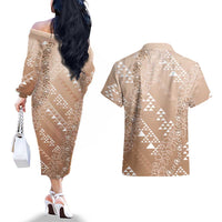 Hawaii Beige Kapa Couples Matching Off The Shoulder Long Sleeve Dress and Hawaiian Shirt Vintage 'Ohe Kāpala Motifs Mix Plumeria Leis LT7 - Polynesian Pride