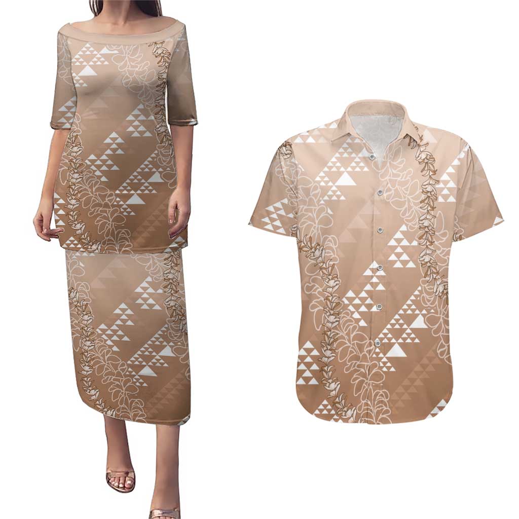 Hawaii Beige Kapa Couples Matching Puletasi and Hawaiian Shirt Vintage 'Ohe Kāpala Motifs Mix Plumeria Leis LT7 Beige - Polynesian Pride