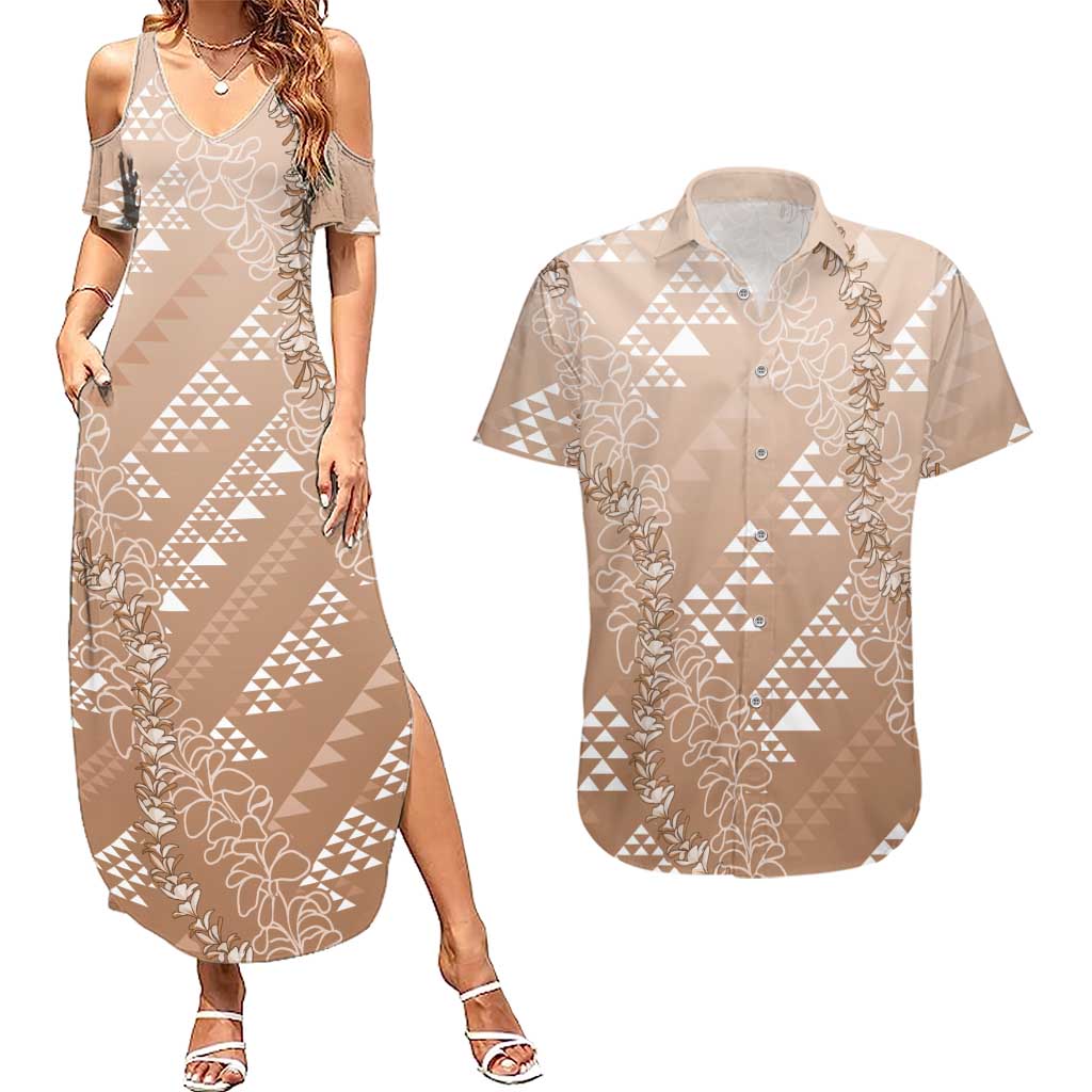 Hawaii Beige Kapa Couples Matching Summer Maxi Dress and Hawaiian Shirt Vintage 'Ohe Kāpala Motifs Mix Plumeria Leis