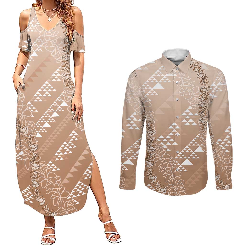 Hawaii Beige Kapa Couples Matching Summer Maxi Dress and Long Sleeve Button Shirt Vintage 'Ohe Kāpala Motifs Mix Plumeria Leis LT7 Beige - Polynesian Pride