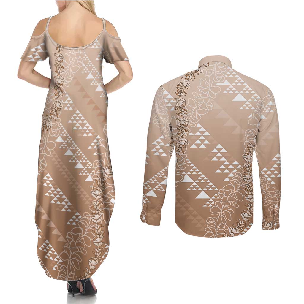 Hawaii Beige Kapa Couples Matching Summer Maxi Dress and Long Sleeve Button Shirt Vintage 'Ohe Kāpala Motifs Mix Plumeria Leis LT7 - Polynesian Pride