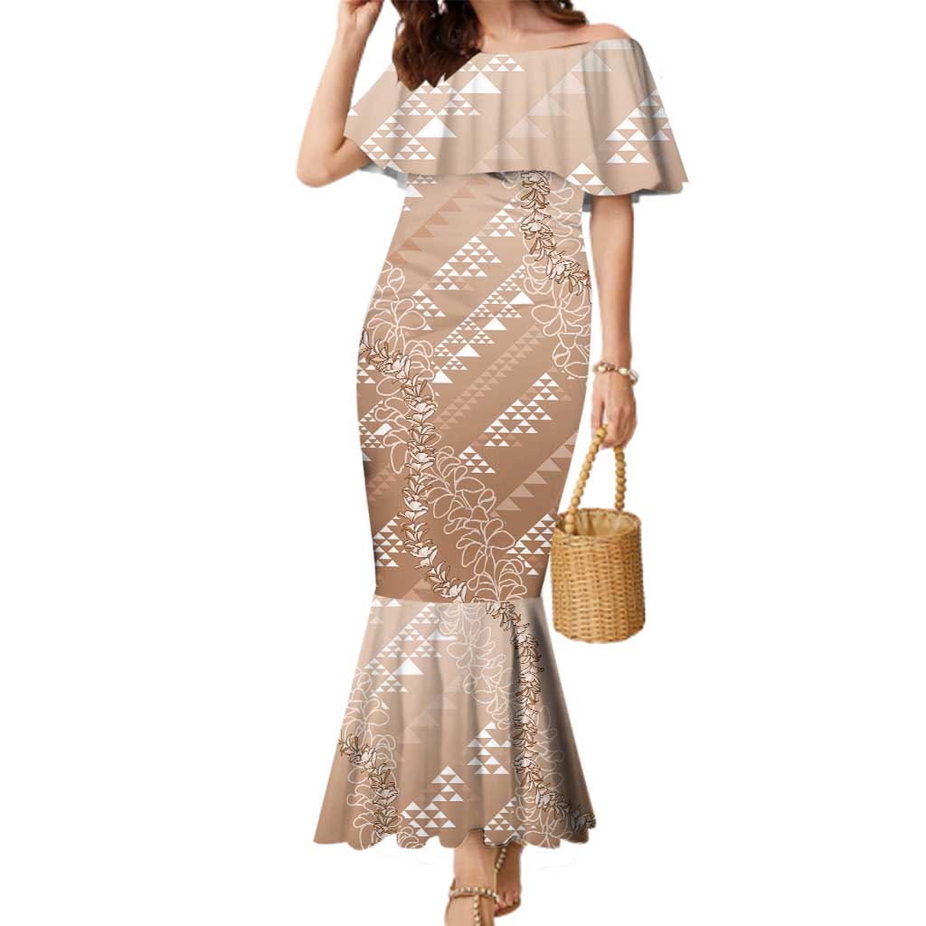 Hawaii Beige Kapa Family Matching Mermaid Dress and Hawaiian Shirt Vintage 'Ohe Kāpala Motifs Mix Plumeria Leis LT7 Mom's Dress Beige - Polynesian Pride