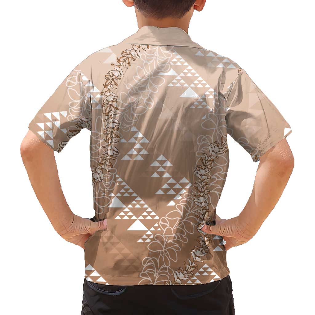 Hawaii Beige Kapa Family Matching Off Shoulder Maxi Dress and Hawaiian Shirt Vintage 'Ohe Kāpala Motifs Mix Plumeria Leis LT7 - Polynesian Pride