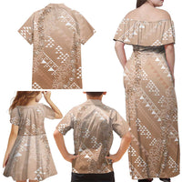 Hawaii Beige Kapa Family Matching Off Shoulder Maxi Dress and Hawaiian Shirt Vintage 'Ohe Kāpala Motifs Mix Plumeria Leis LT7 - Polynesian Pride