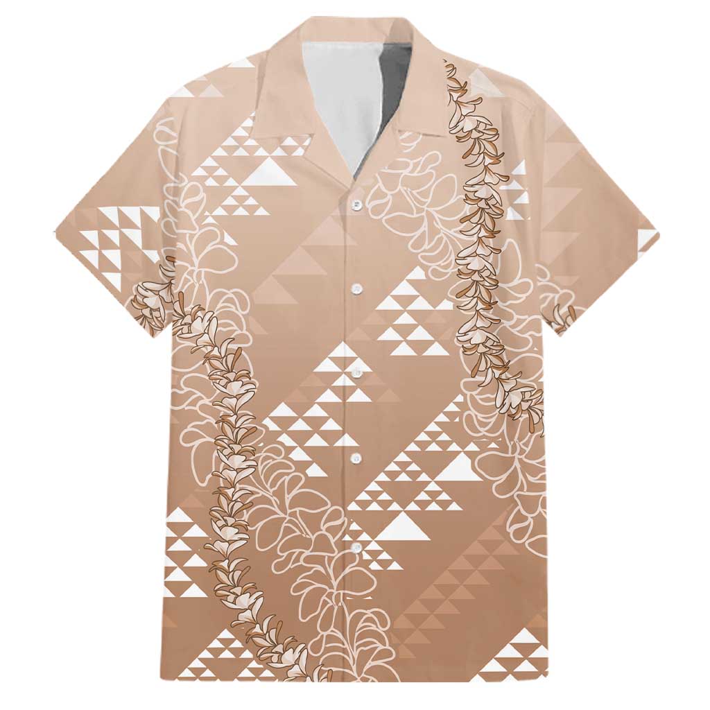 Hawaii Beige Kapa Family Matching Off Shoulder Maxi Dress and Hawaiian Shirt Vintage 'Ohe Kāpala Motifs Mix Plumeria Leis LT7 Dad's Shirt - Short Sleeve Beige - Polynesian Pride