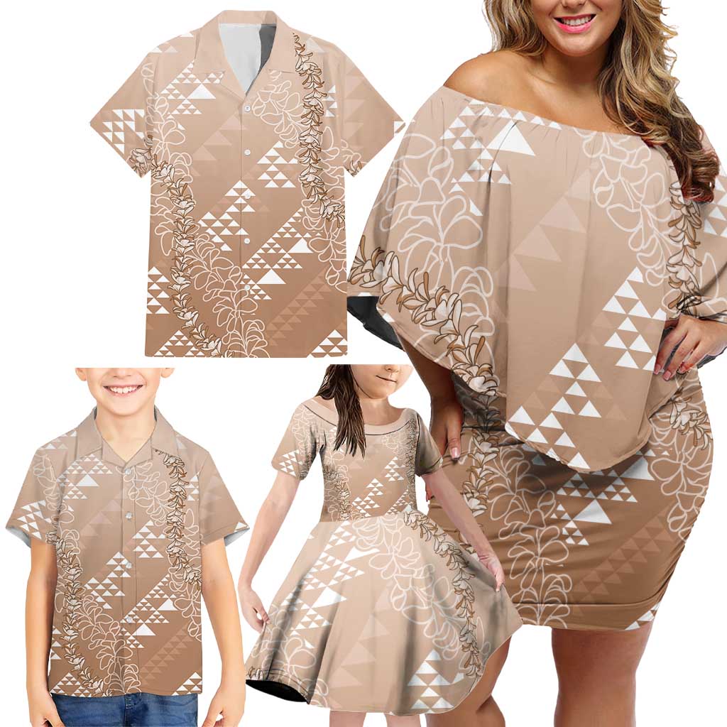 Hawaii Beige Kapa Family Matching Off Shoulder Short Dress and Hawaiian Shirt Vintage 'Ohe Kāpala Motifs Mix Plumeria Leis LT7 - Polynesian Pride