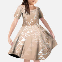 Hawaii Beige Kapa Family Matching Puletasi and Hawaiian Shirt Vintage 'Ohe Kāpala Motifs Mix Plumeria Leis LT7 Daughter's Dress Beige - Polynesian Pride