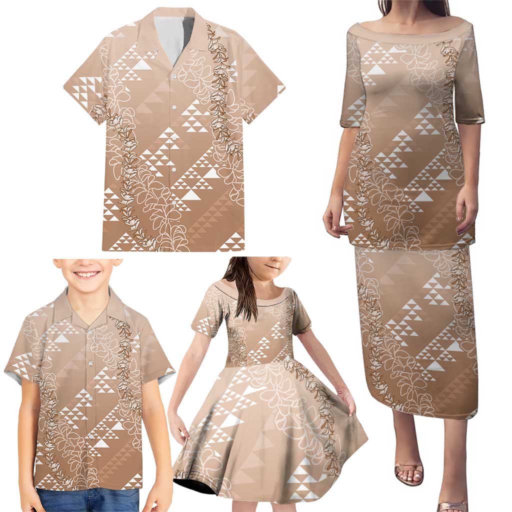 Hawaii Beige Kapa Family Matching Puletasi and Hawaiian Shirt Vintage 'Ohe Kāpala Motifs Mix Plumeria Leis