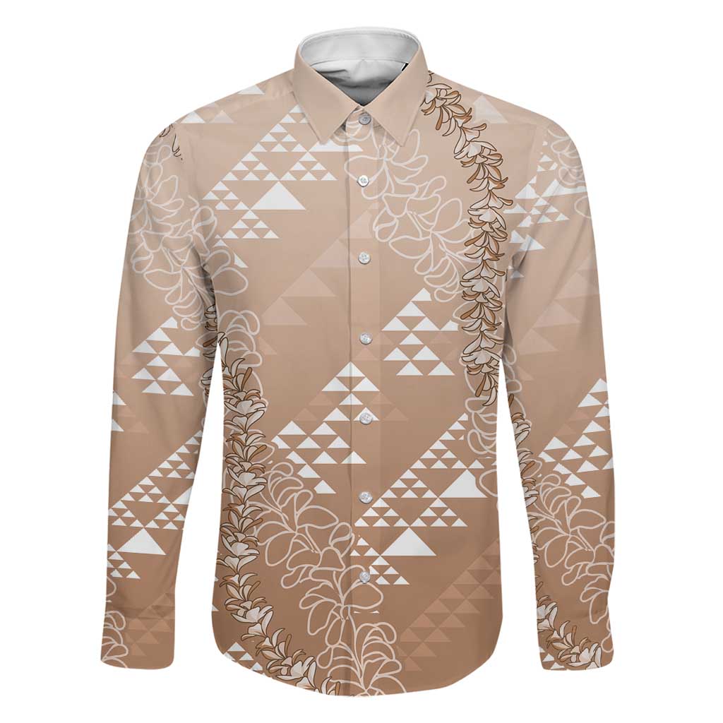 Hawaii Beige Kapa Family Matching Short Sleeve Bodycon Dress and Hawaiian Shirt Vintage 'Ohe Kāpala Motifs Mix Plumeria Leis LT7 Dad's Shirt - Long Sleeve Beige - Polynesian Pride