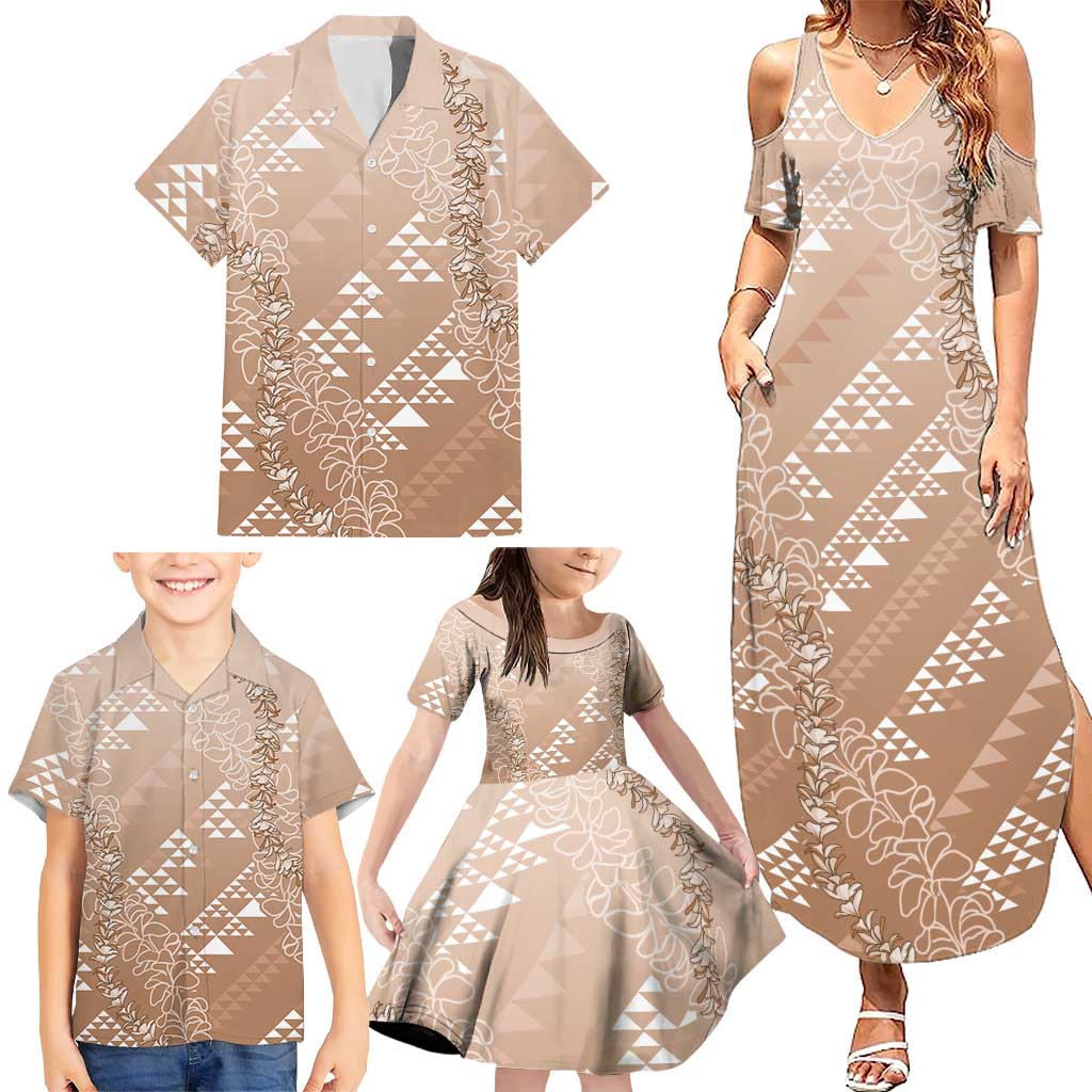 Hawaii Beige Kapa Family Matching Summer Maxi Dress and Hawaiian Shirt Vintage 'Ohe Kāpala Motifs Mix Plumeria Leis LT7 - Polynesian Pride