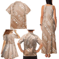 Hawaii Beige Kapa Family Matching Tank Maxi Dress and Hawaiian Shirt Vintage 'Ohe Kāpala Motifs Mix Plumeria Leis LT7 - Polynesian Pride