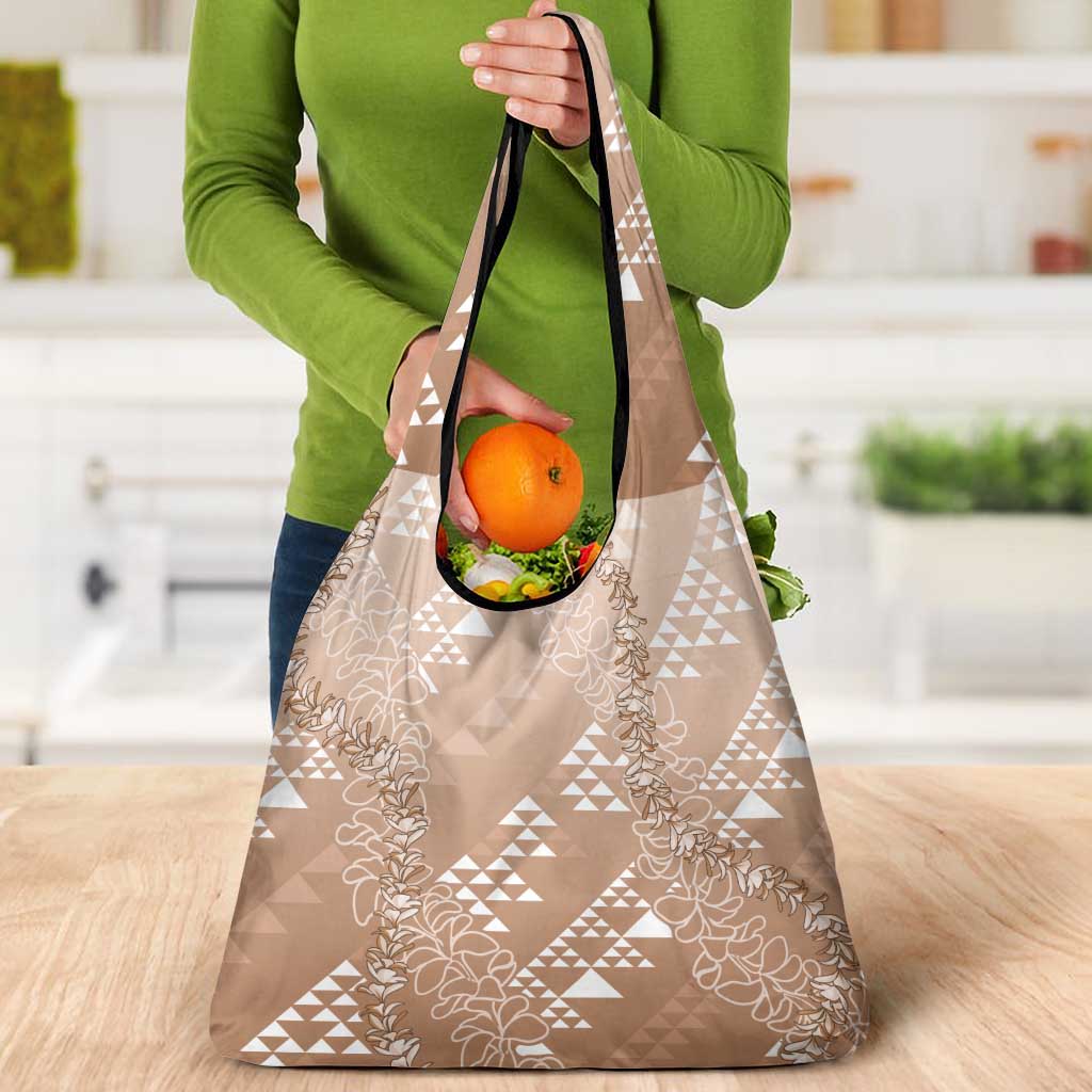 Hawaii Beige Kapa Grocery Bag Vintage 'Ohe Kāpala Motifs Mix Plumeria Leis