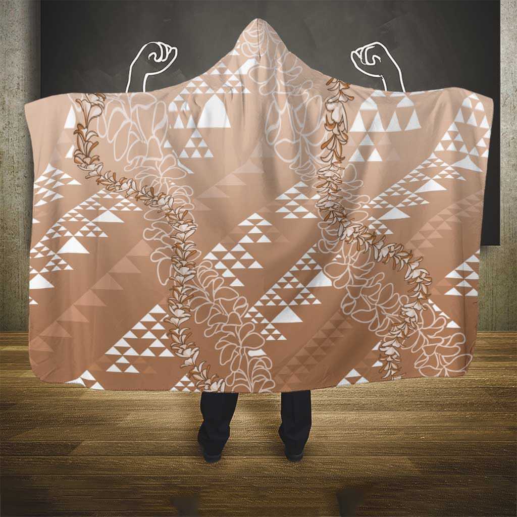 Hawaii Beige Kapa Hooded Blanket Vintage 'Ohe Kāpala Motifs Mix Plumeria Leis