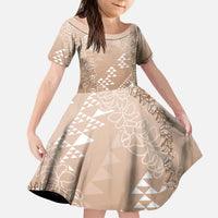Hawaii Beige Kapa Kid Short Sleeve Dress Vintage 'Ohe Kāpala Motifs Mix Plumeria Leis