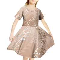 Hawaii Beige Kapa Kid Short Sleeve Dress Vintage 'Ohe Kāpala Motifs Mix Plumeria Leis