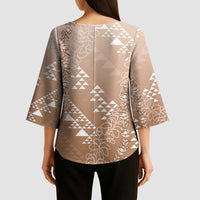 Hawaii Beige Kapa Kimono Sleeve Blouse Vintage 'Ohe Kāpala Motifs Mix Plumeria Leis