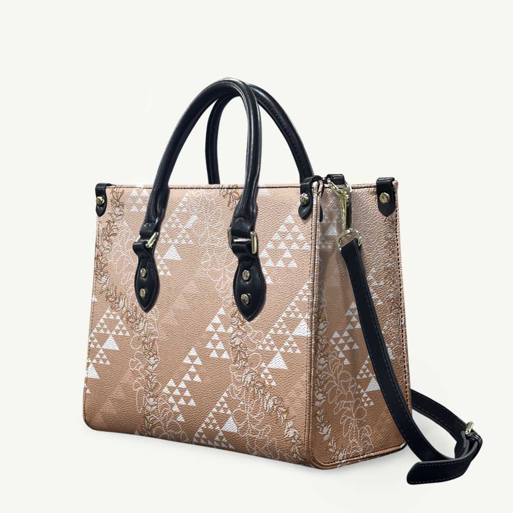 Hawaii Beige Kapa Leather Bag Vintage 'Ohe Kāpala Motifs Mix Plumeria Leis