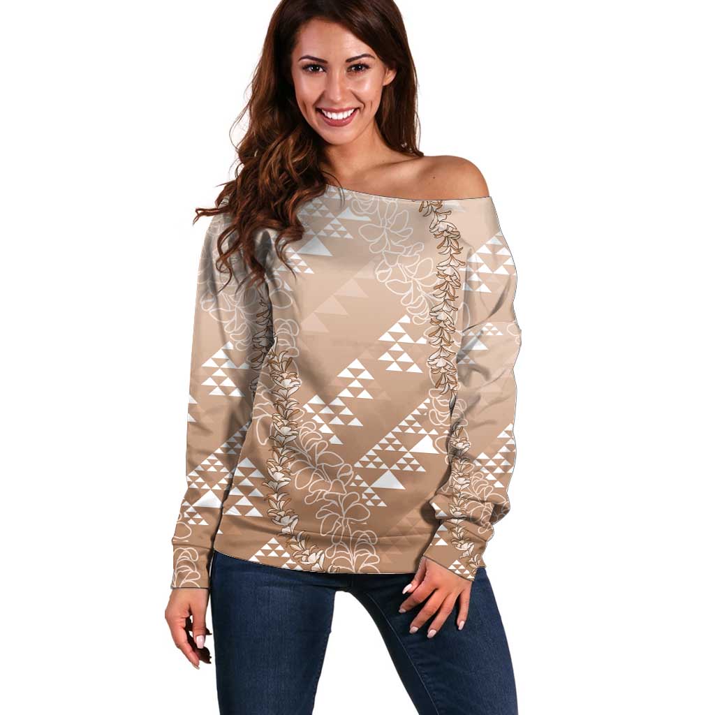 Hawaii Beige Kapa Off Shoulder Sweater Vintage 'Ohe Kāpala Motifs Mix Plumeria Leis