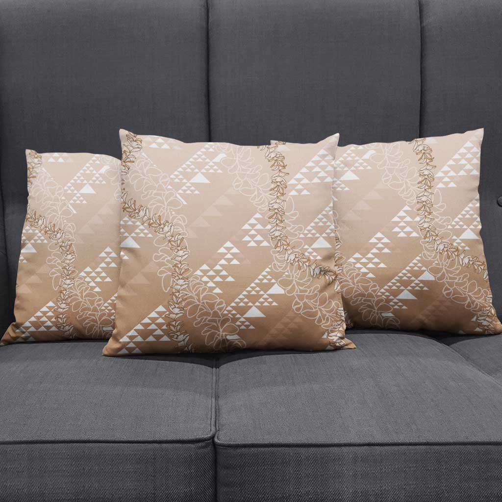 Hawaii Beige Kapa Pillow Cover Vintage 'Ohe Kāpala Motifs Mix Plumeria Leis