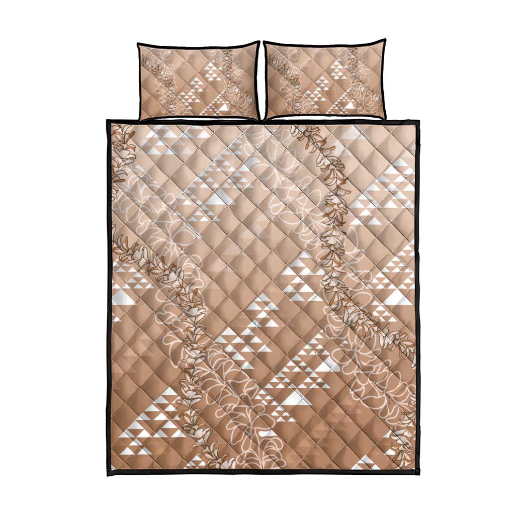 Hawaii Beige Kapa Quilt Bed Set Vintage 'Ohe Kāpala Motifs Mix Plumeria Leis