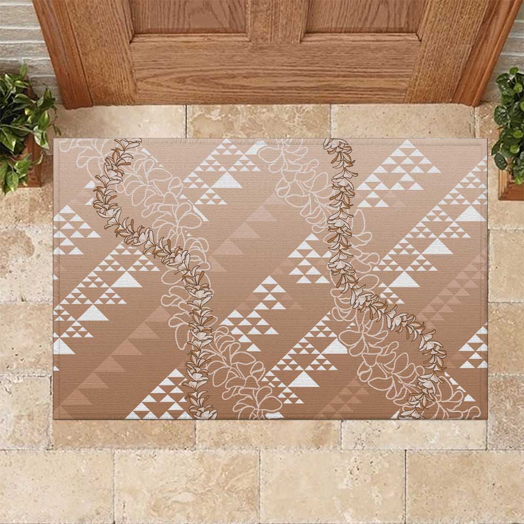Hawaii Beige Kapa Rubber Doormat Vintage 'Ohe Kāpala Motifs Mix Plumeria Leis