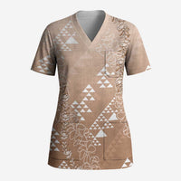 Hawaii Beige Kapa Scrub Top Vintage 'Ohe Kāpala Motifs Mix Plumeria Leis