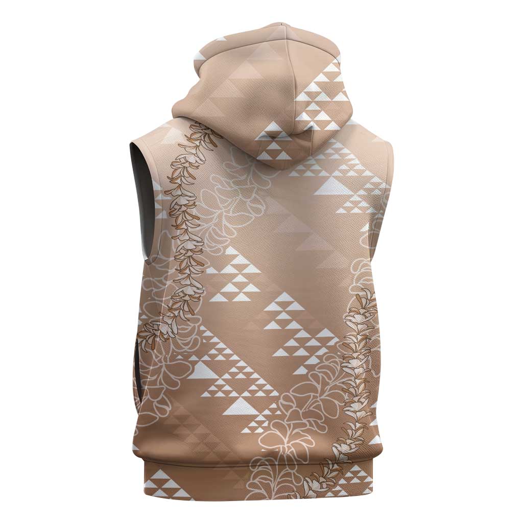 Hawaii Beige Kapa Sleeveless Hoodie Vintage 'Ohe Kāpala Motifs Mix Plumeria Leis