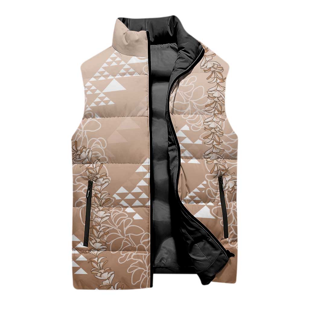 Hawaii Beige Kapa Sleeveless Puffer Jacket Vintage 'Ohe Kāpala Motifs Mix Plumeria Leis