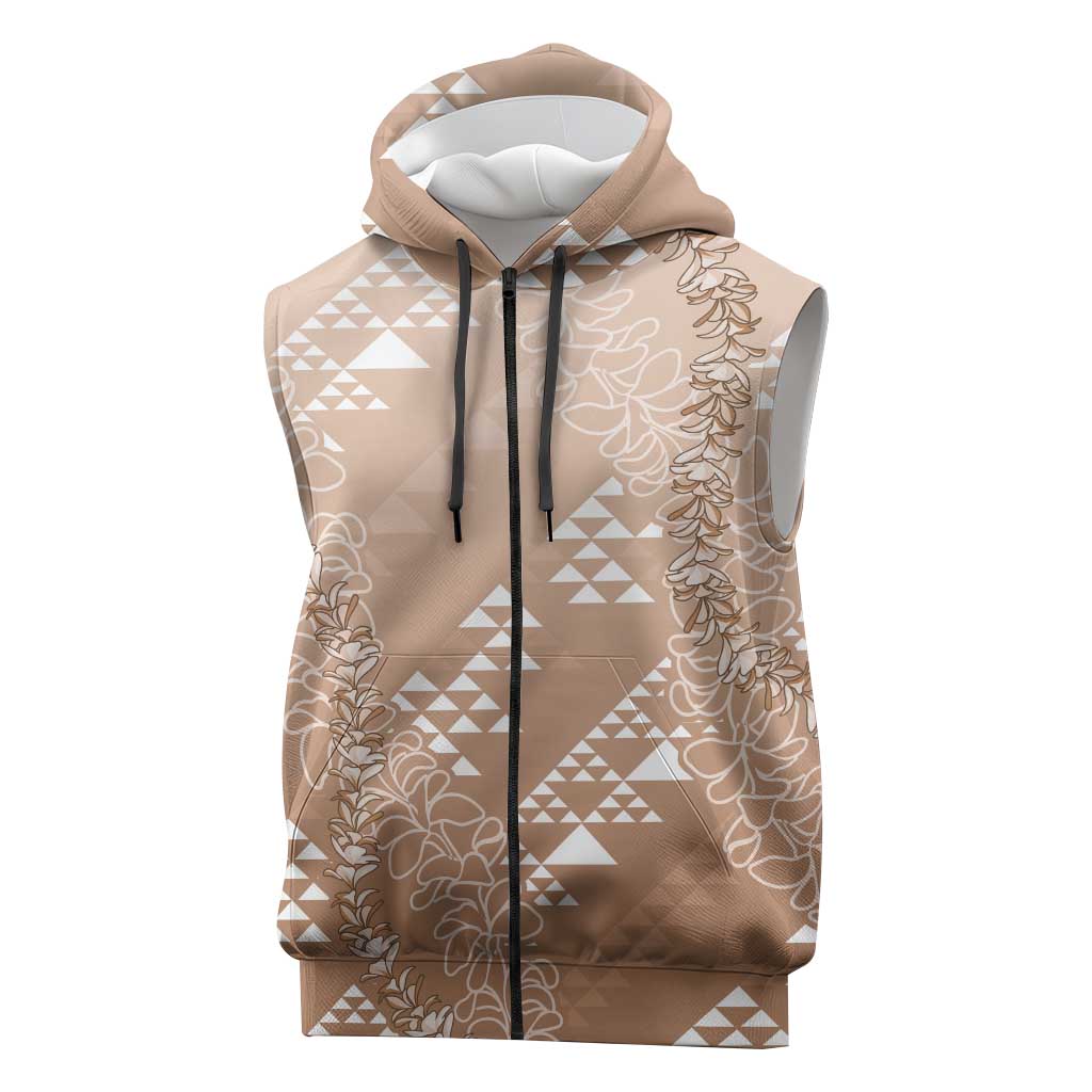Hawaii Beige Kapa Sleeveless Zip Hoodie Vintage 'Ohe Kāpala Motifs Mix Plumeria Leis LT7 Beige - Polynesian Pride
