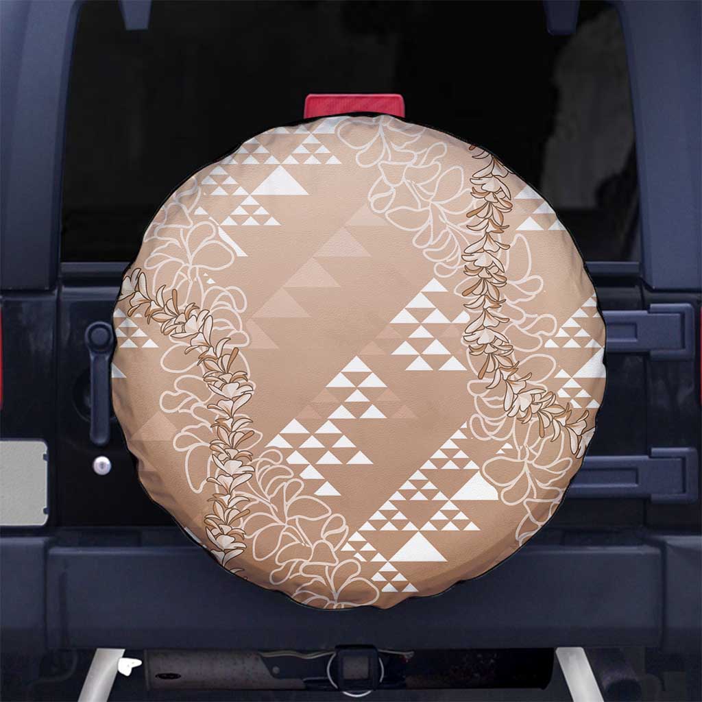 Hawaii Beige Kapa Spare Tire Cover Vintage 'Ohe Kāpala Motifs Mix Plumeria Leis