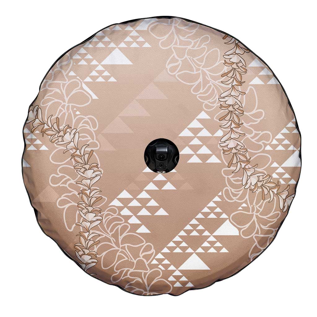 Hawaii Beige Kapa Spare Tire Cover Vintage 'Ohe Kāpala Motifs Mix Plumeria Leis