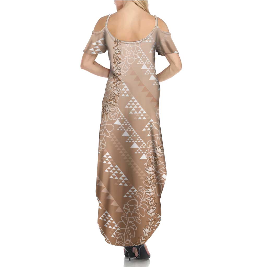 Hawaii Beige Kapa Summer Maxi Dress Vintage 'Ohe Kāpala Motifs Mix Plumeria Leis