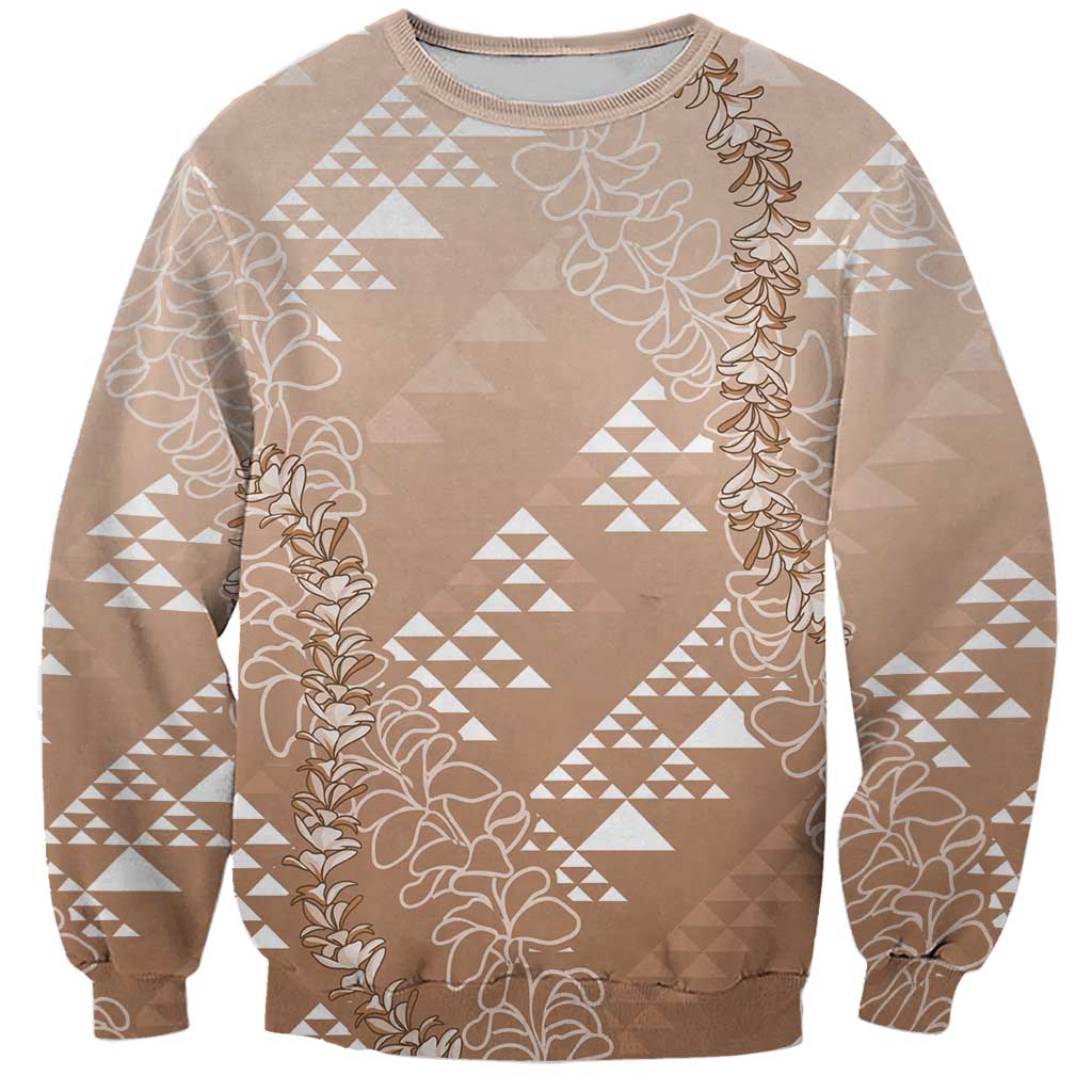 Hawaii Beige Kapa Sweatshirt Vintage 'Ohe Kāpala Motifs Mix Plumeria Leis