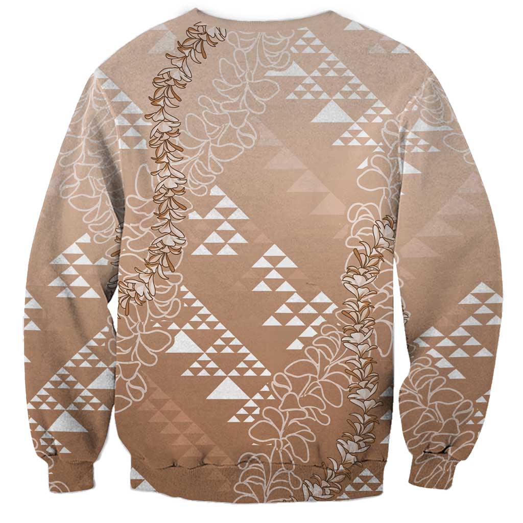 Hawaii Beige Kapa Sweatshirt Vintage 'Ohe Kāpala Motifs Mix Plumeria Leis