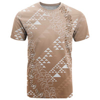 Hawaii Beige Kapa T Shirt Vintage 'Ohe Kāpala Motifs Mix Plumeria Leis